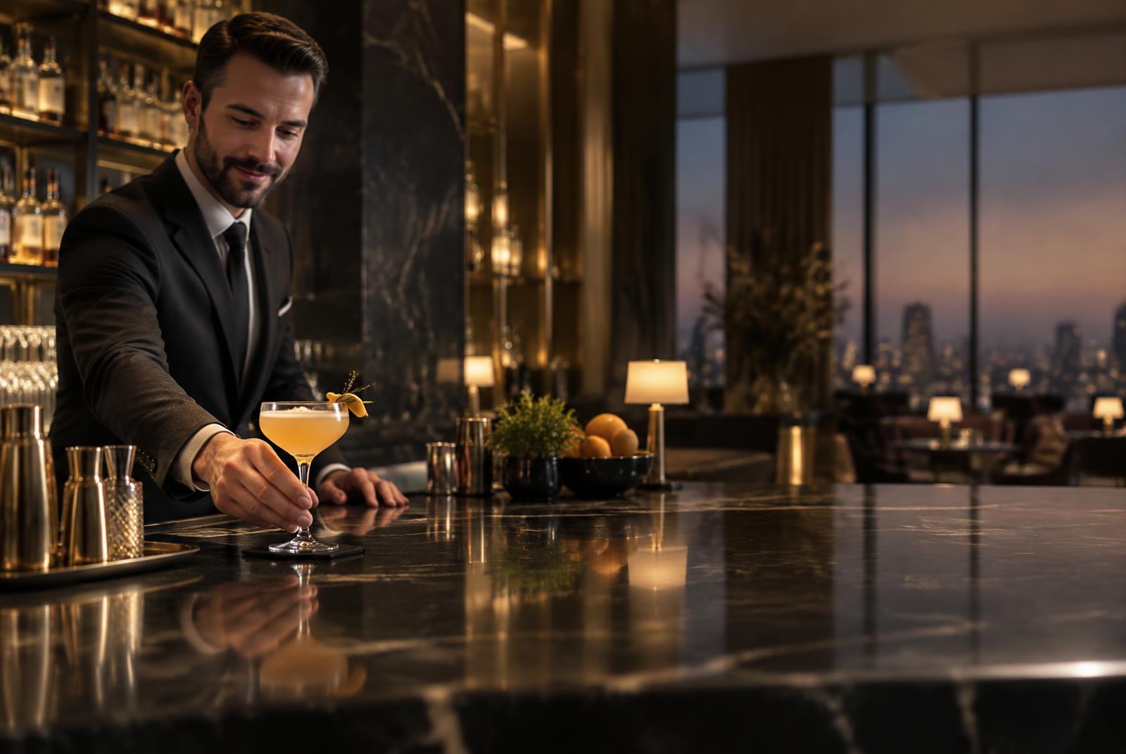 Bartender em ambiente internacional de hotelaria apresentando um cocktail